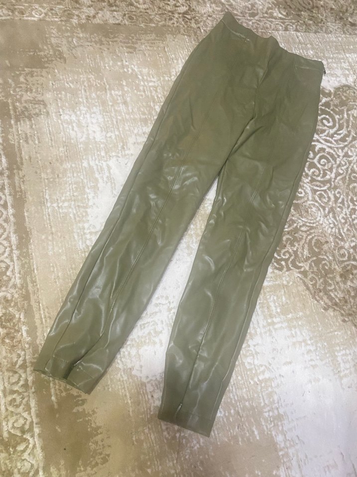 Kadın Haki Deri Dar Kesim Midi Pantolon - Görsel 3