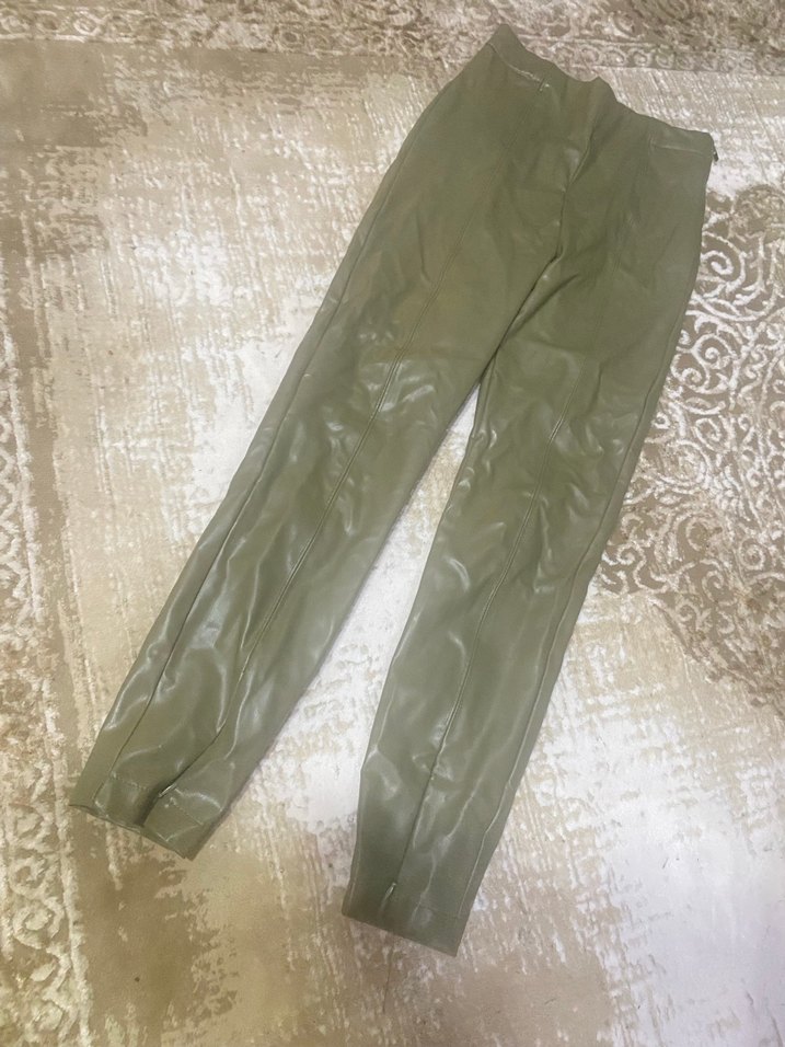 Kadın Haki Deri Dar Kesim Midi Pantolon - Görsel 2