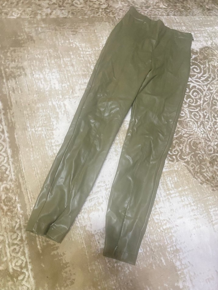 Kadın Haki Deri Dar Kesim Midi Pantolon - Görsel 4