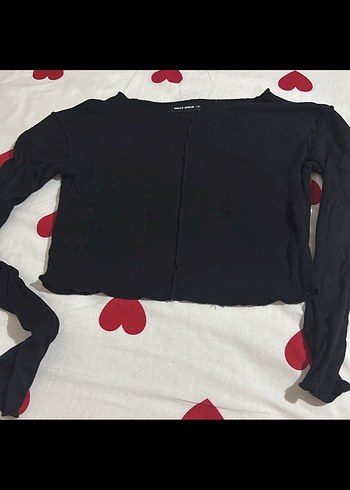 Siyah Mini Crop Bluz, Uzun Kollu, Dar Kesim