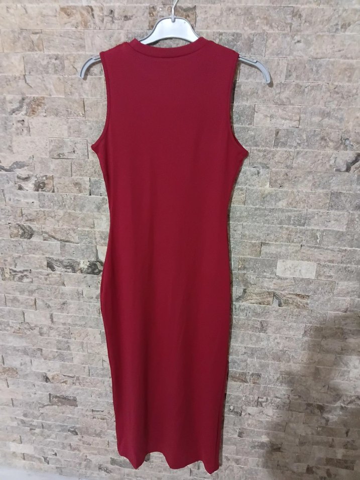 Bordo Yüksek Yakalı Uzun  Elbise - Görsel 2