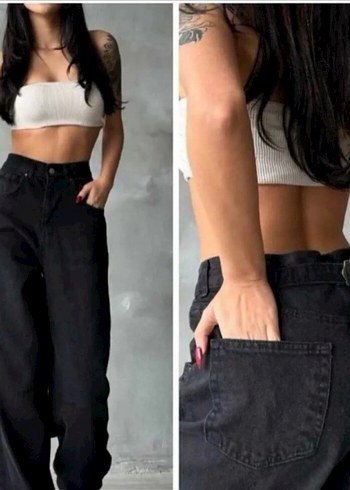 Diğer Siyah Bol Kesim Midi Kot Pantolon