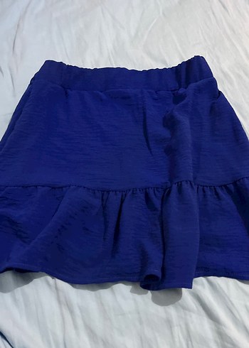 Mavi Keten Volanlı mini etek