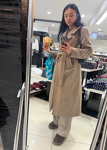 Kadın Bej Süet Midi Kemerli Palto - Görsel 2