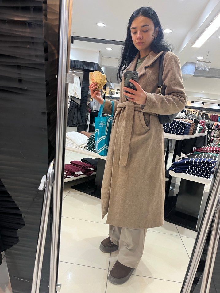 Kadın Bej Süet Midi Kemerli Palto - Görsel 2