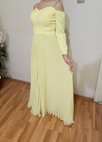 Sarı Pilili Uzun Kadın Abiye Elbise - Görsel 5