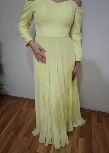 Sarı Pilili Uzun Kadın Abiye Elbise - Görsel 2