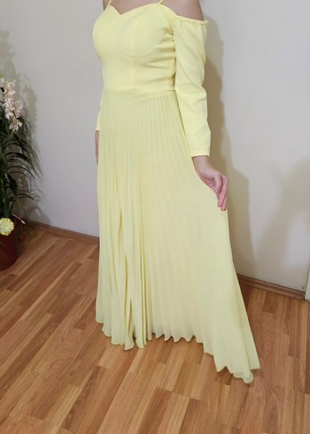 Sarı Pilili Uzun Kadın Abiye Elbise - Görsel 6