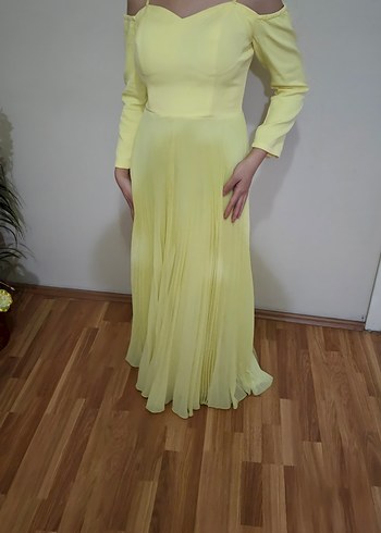 Sarı Pilili Uzun Kadın Abiye Elbise - Görsel 4