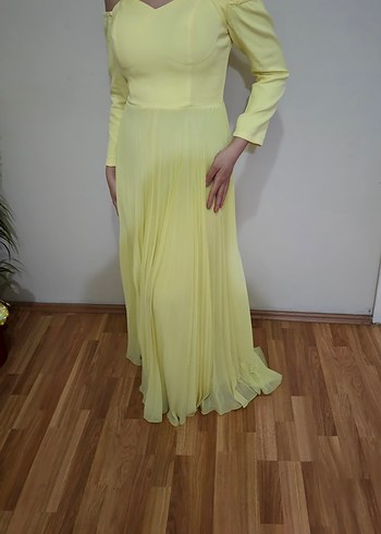 Sarı Pilili Uzun Kadın Abiye Elbise - Görsel 3