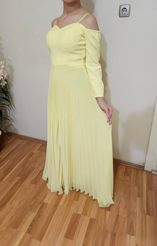 Sarı Pilili Uzun Kadın Abiye Elbise - Görsel 5