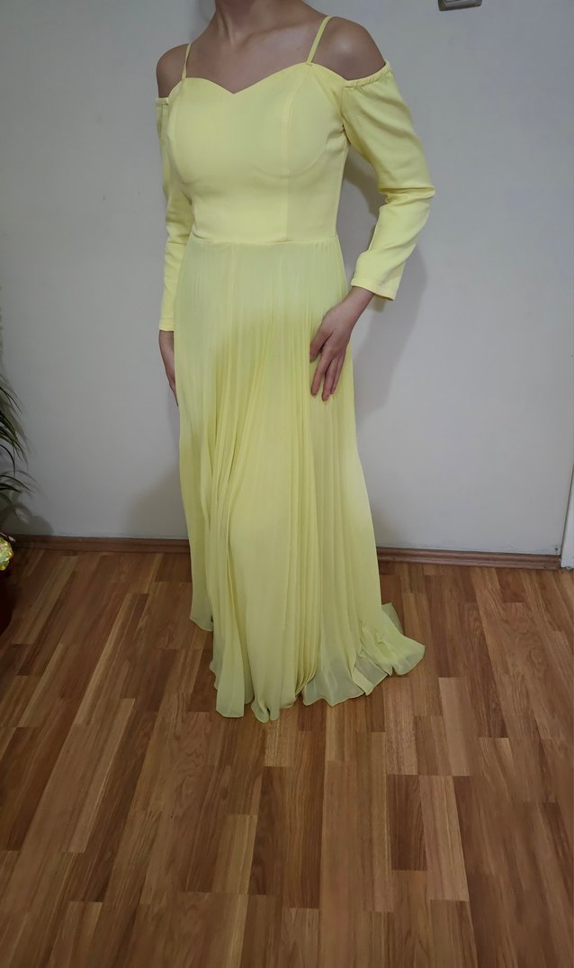 Sarı Pilili Uzun Kadın Abiye Elbise - Görsel 3