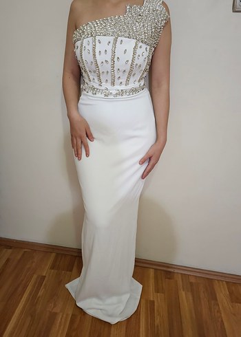 Boncuk Detaylı Beyaz Uzun Abiye Elbise - Görsel 5