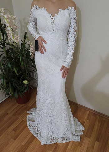 Dantel Detaylı Uzun Kollu Balık Gelinlik - Görsel 4