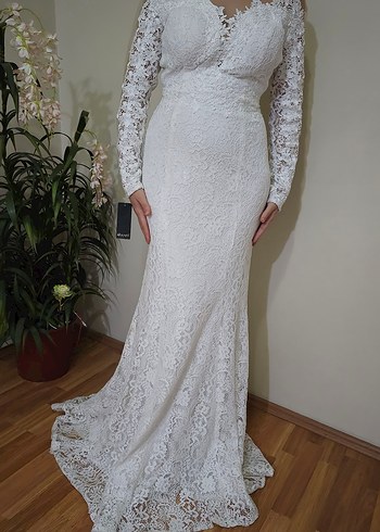 Dantel Detaylı Uzun Kollu Balık Gelinlik - Görsel 5