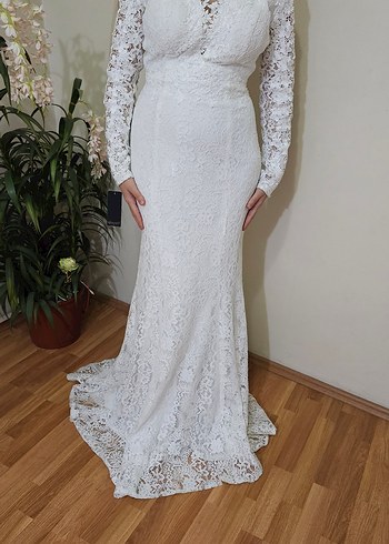 Dantel Detaylı Uzun Kollu Balık Gelinlik - Görsel 6