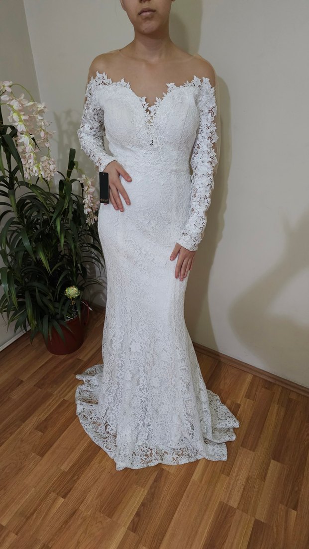 Dantel Detaylı Uzun Kollu Balık Gelinlik - Görsel 4