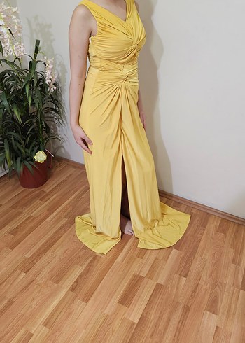 Sarı Drapeli Uzun Abiye Elbise - Görsel 6