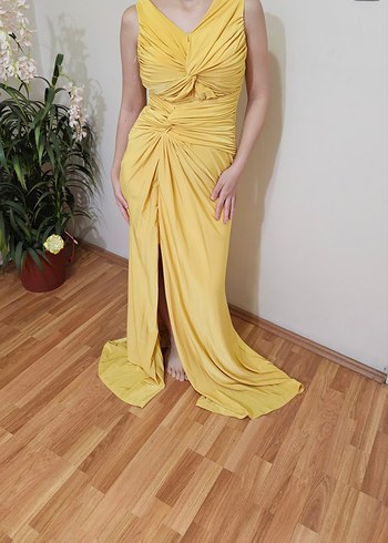 Sarı Drapeli Uzun Abiye Elbise - Görsel 4