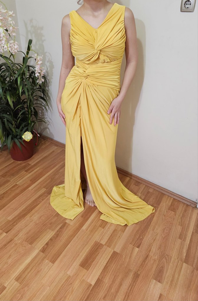 Sarı Drapeli Uzun Abiye Elbise - Görsel 4