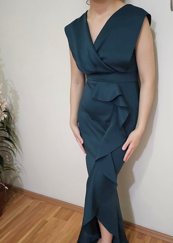 Koyu Lacivert Drapeli Uzun V Yaka Elbise - Görsel 2