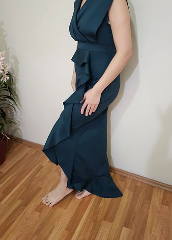 Koyu Lacivert Drapeli Uzun V Yaka Elbise - Görsel 4