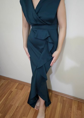 Koyu Lacivert Drapeli Uzun V Yaka Elbise - Görsel 5