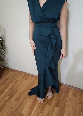 Koyu Lacivert Drapeli Uzun V Yaka Elbise - Görsel 3