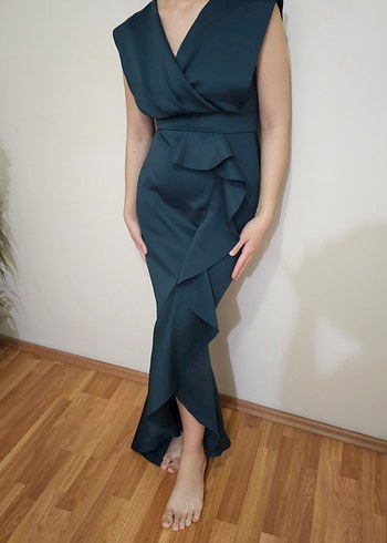 Koyu Lacivert Drapeli Uzun V Yaka Elbise - Görsel 6