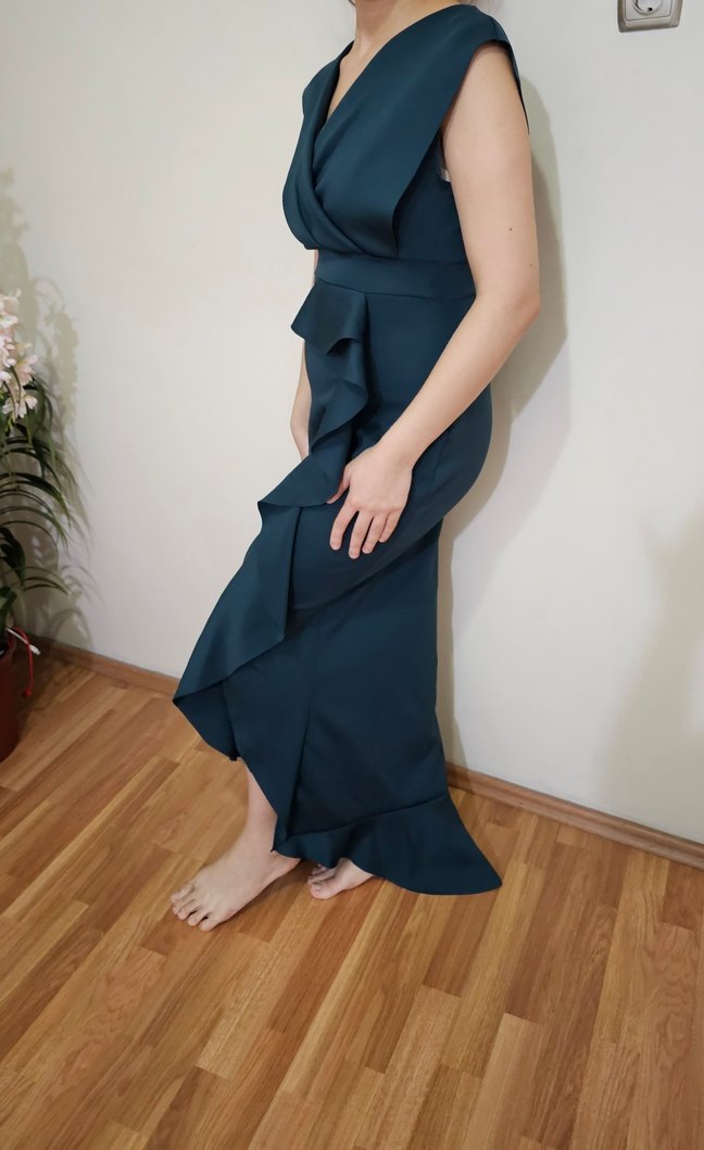 Koyu Lacivert Drapeli Uzun V Yaka Elbise - Görsel 4