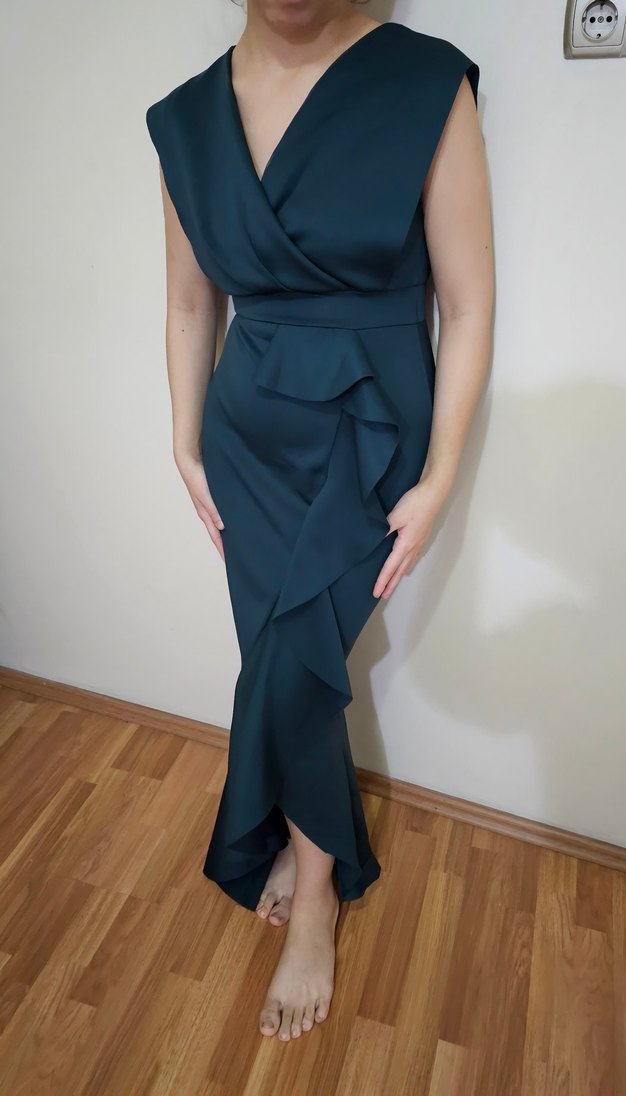 Koyu Lacivert Drapeli Uzun V Yaka Elbise - Görsel 5