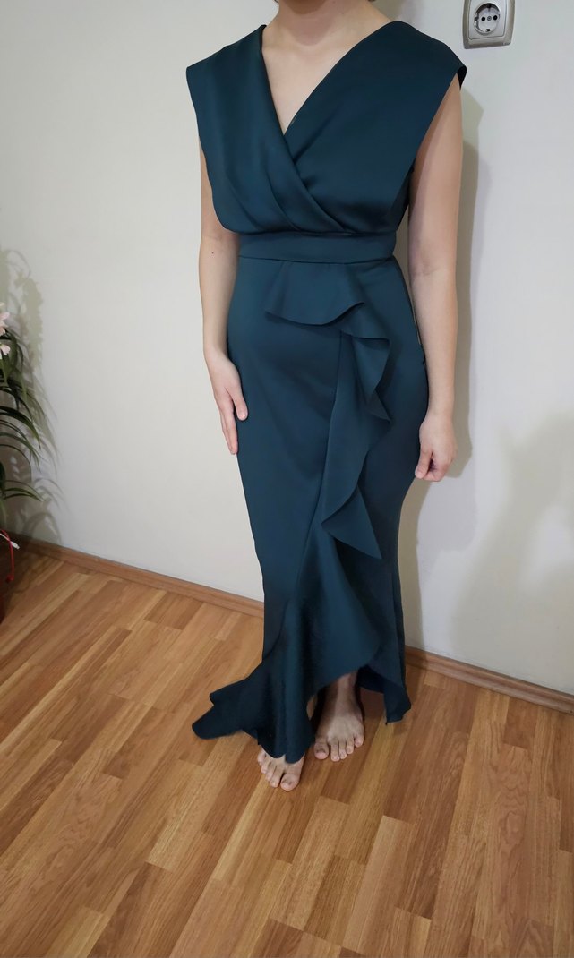 Koyu Lacivert Drapeli Uzun V Yaka Elbise - Görsel 3