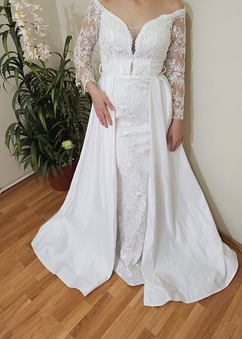 Uzun Kollu Straplez A Kesim Beyaz Gelinlik - Görsel 4