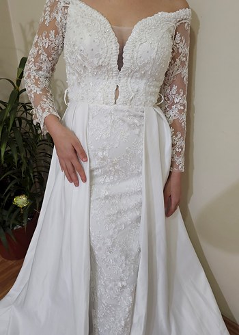 Uzun Kollu Straplez A Kesim Beyaz Gelinlik - Görsel 6