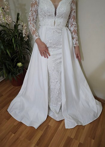 Uzun Kollu Straplez A Kesim Beyaz Gelinlik - Görsel 2