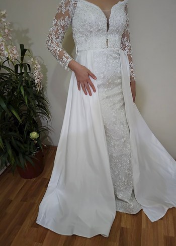 Uzun Kollu Straplez A Kesim Beyaz Gelinlik - Görsel 3