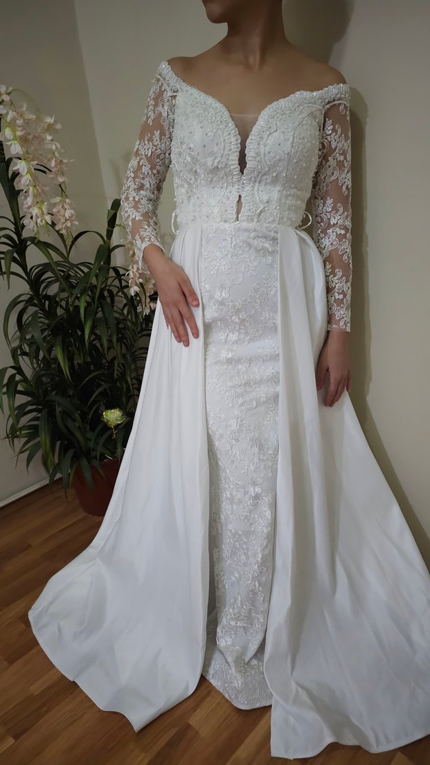 Uzun Kollu Straplez A Kesim Beyaz Gelinlik - Görsel 5