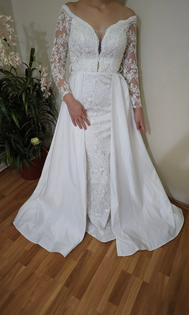 Uzun Kollu Straplez A Kesim Beyaz Gelinlik - Görsel 2