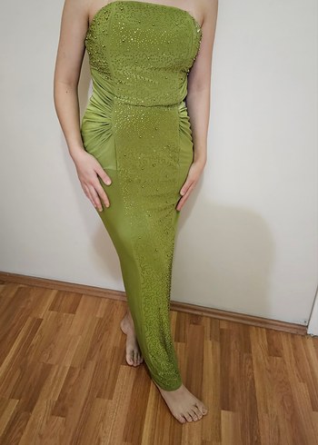 Drapeli Straplez Uzun Kadın Abiye Elbise - Görsel 3