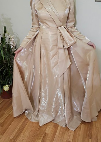 Bej Uzun Kollu Kadın Abiye Elbise - Görsel 6