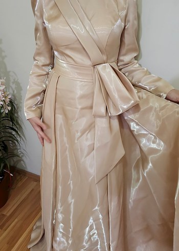 Bej Uzun Kollu Kadın Abiye Elbise - Görsel 8