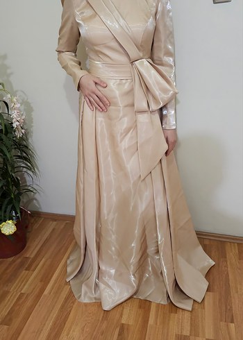 Bej Uzun Kollu Kadın Abiye Elbise - Görsel 3