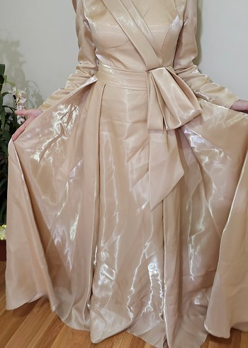 Bej Uzun Kollu Kadın Abiye Elbise - Görsel 7