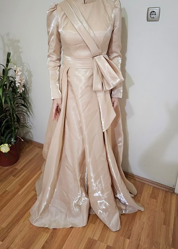 Bej Uzun Kollu Kadın Abiye Elbise - Görsel 5