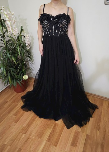 Siyah Straplez Uzun Gösterişli Abiye Elbise - Görsel 6