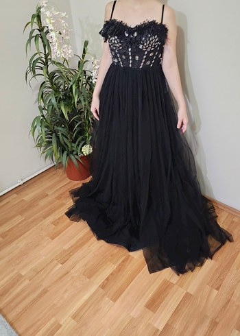 Siyah Straplez Uzun Gösterişli Abiye Elbise - Görsel 7