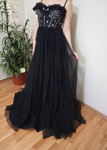 Siyah Straplez Uzun Gösterişli Abiye Elbise - Görsel 3