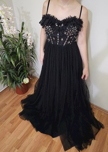 Siyah Straplez Uzun Gösterişli Abiye Elbise - Görsel 5