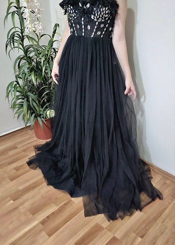 Siyah Straplez Uzun Gösterişli Abiye Elbise - Görsel 8