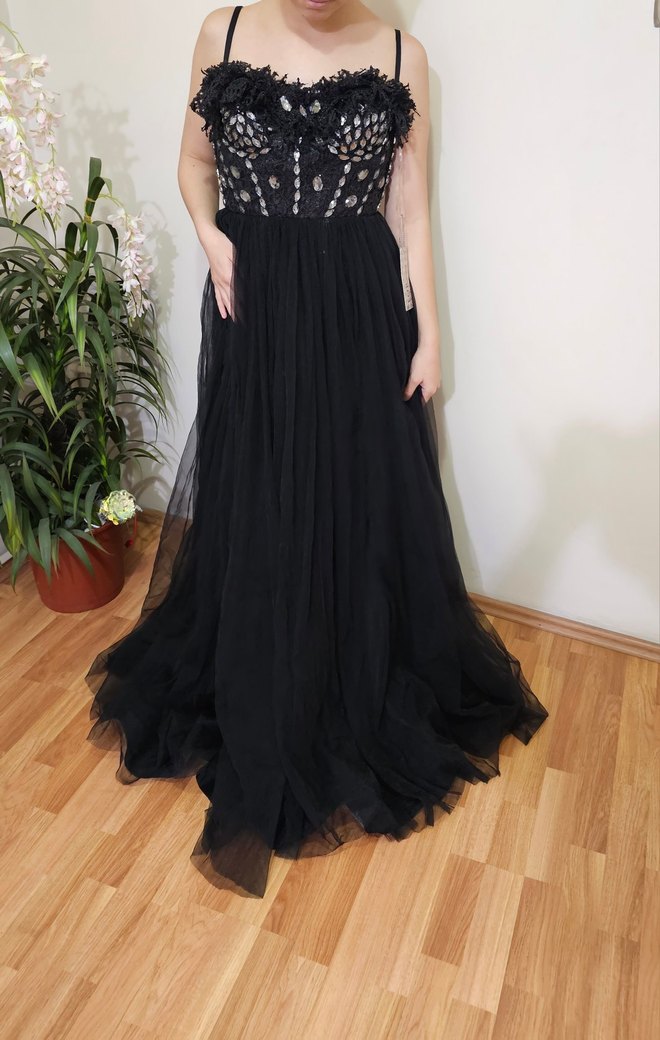 Siyah Straplez Uzun Gösterişli Abiye Elbise - Görsel 2